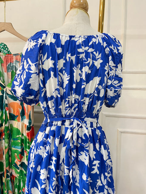 Summer V-Neck Puff Sleeves Back Tie Maxi Dress